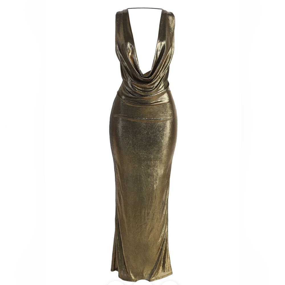 JLUXLABEL Metallic Gold Cowl Neck Evening Gown